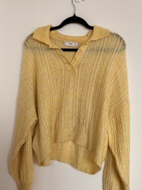 Mango Yellow Button Polo Cable-Knit Sweater